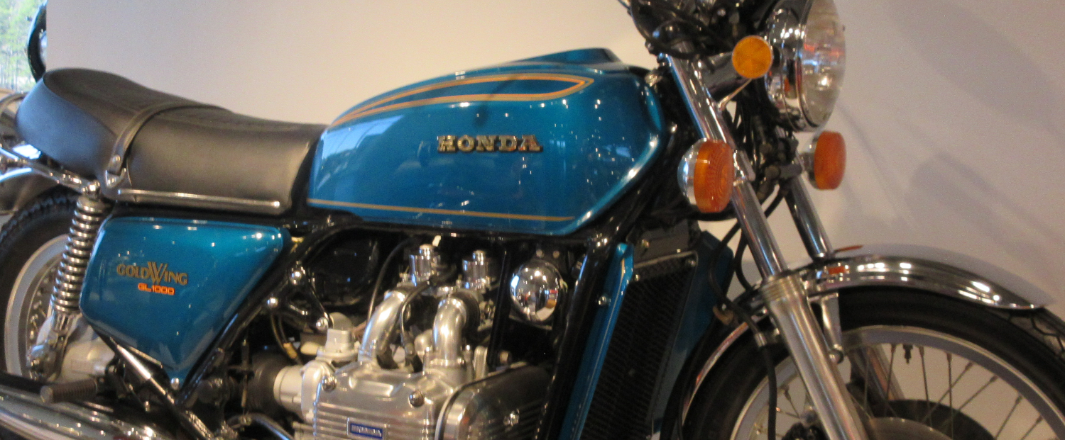 blue 1975 Honda Gold Wing on display in the Barber Vintage Motorsports Museum