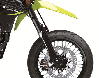 KLX300SM supermoto front wheel and fender close up studio image