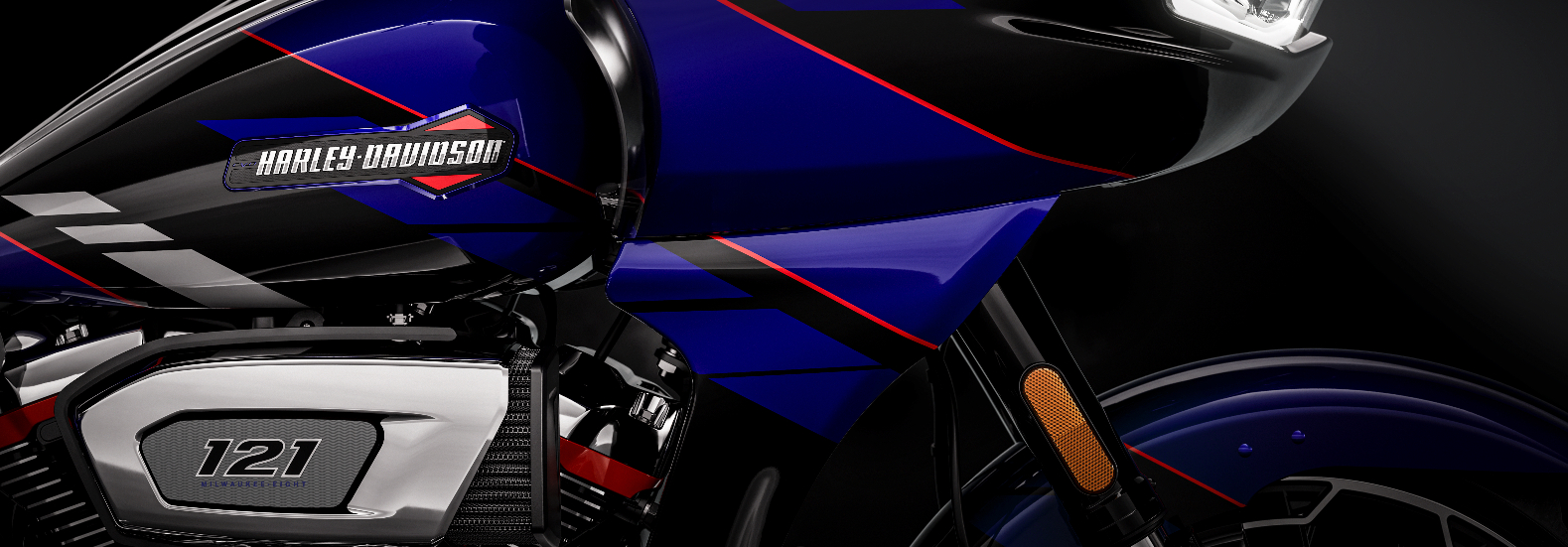 Close view of blue and black paint on a CVO Harley-Davidson.