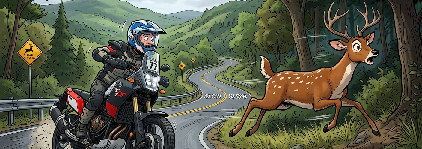 cartoon of a rider swerving as a deer runs off the road into the woods