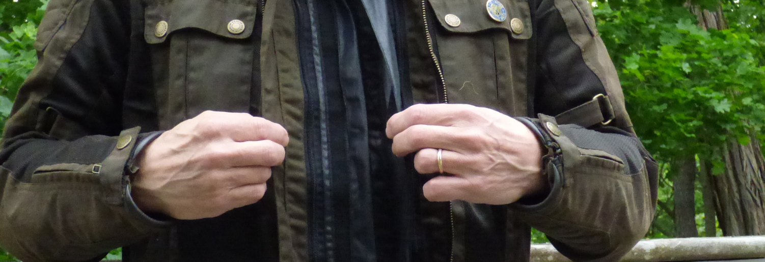 Close view of motorcycle jacket with zip-in waterproof liner